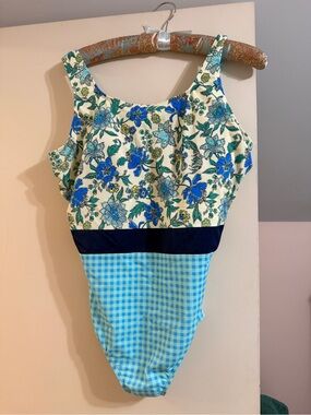Lands' End Blue Floral & Gingham One-Piece Swimsuit
